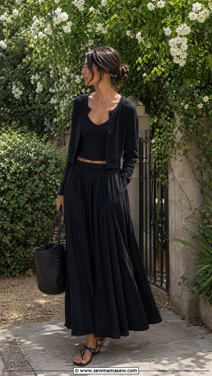 Cropped cardigan and maxi skirt spring all black outfit - 35 spring all black outfit ideas