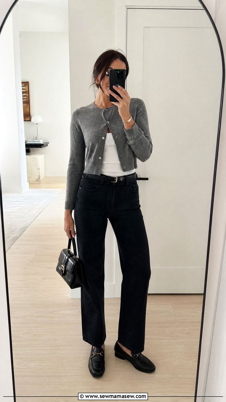 Cropped cardigan buttoned over a fitted tank - 35 Sweater weather outfit ideas