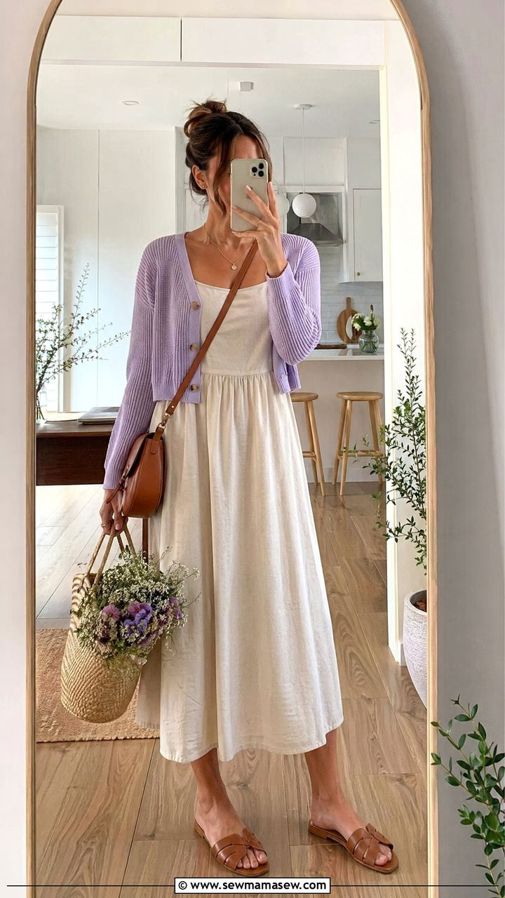 Cropped cardigan over a cotton tank midi dress spring farmers market outfit - 35 spring farmers market outfit ideas