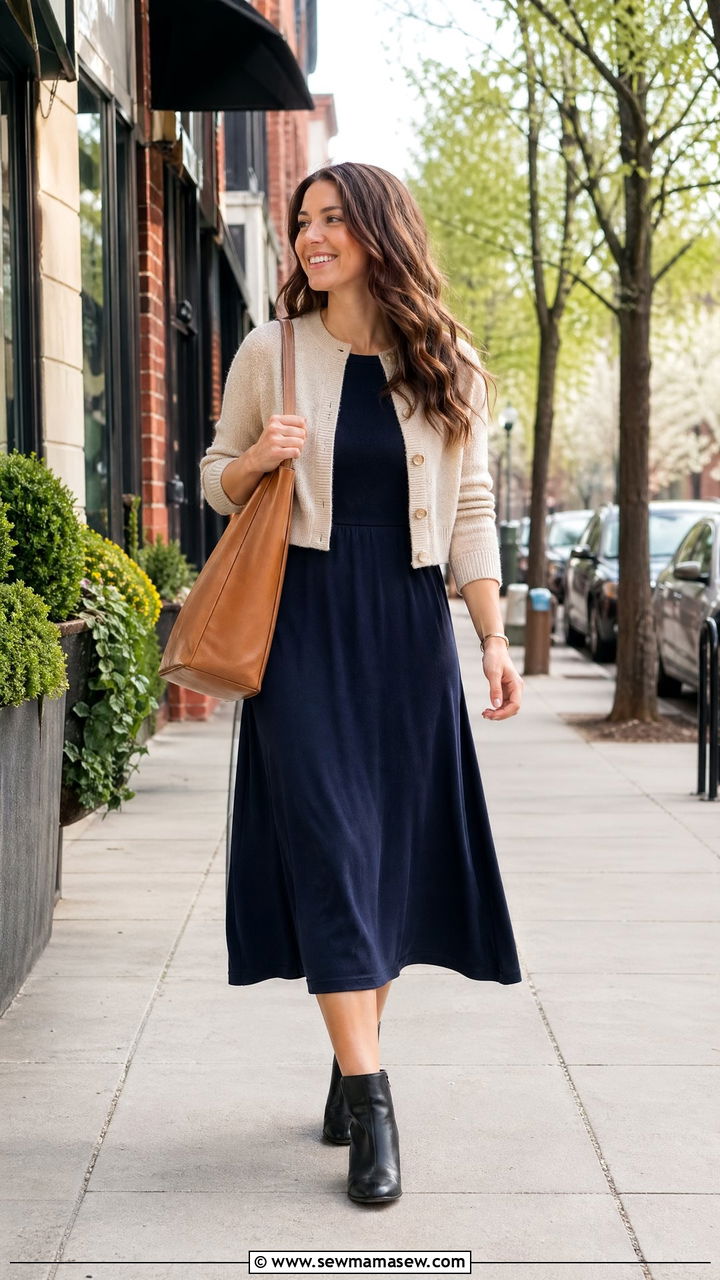 Cropped cardigan over a midi dress - 35 Spring business casual outfits for women
