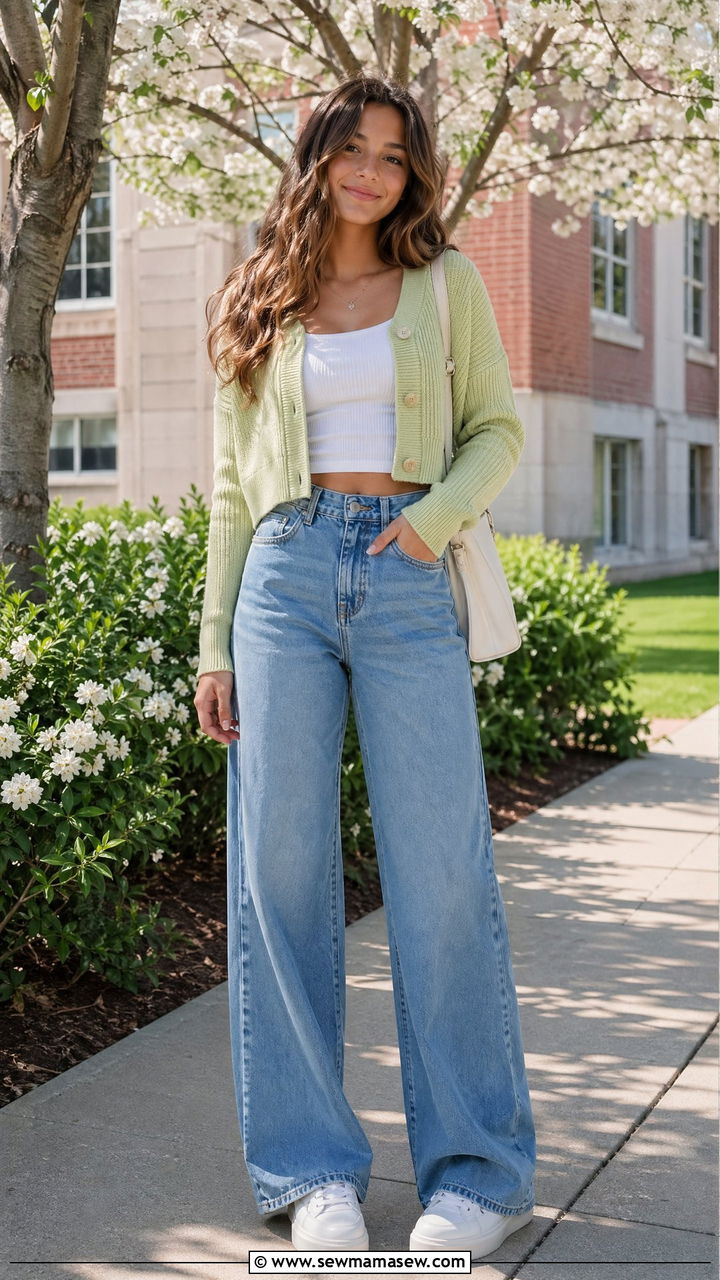 Cropped cardigan over a ribbed tank with wide leg jeans - 35 Spring outfits for teens