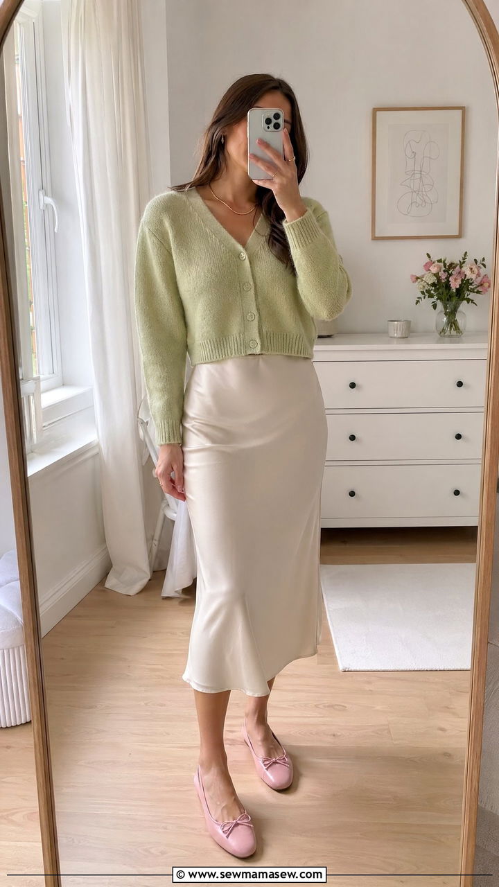 Cropped cardigan with a high waisted midi slip skirt and ballet flats - 35 Spring outfit ideas 2026