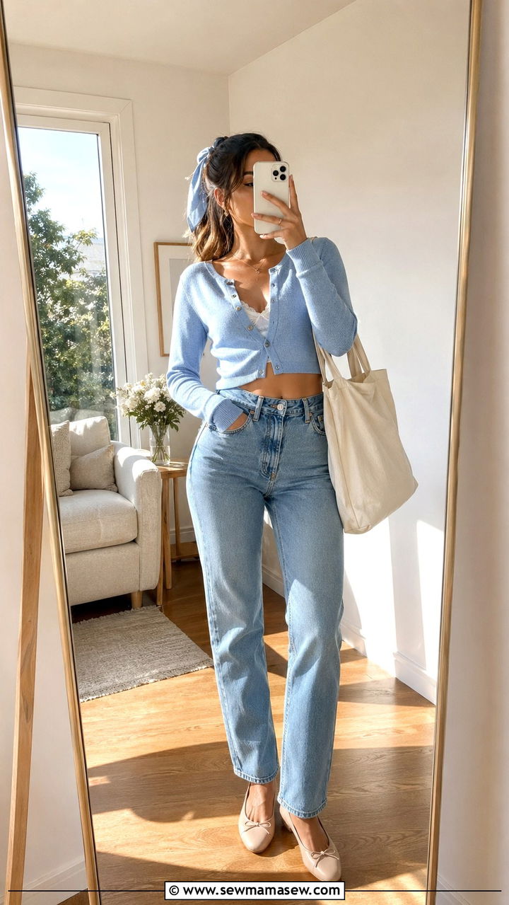 Cropped cardigan with high rise jeans outfit - 30 romantic capsule wardrobe outfits