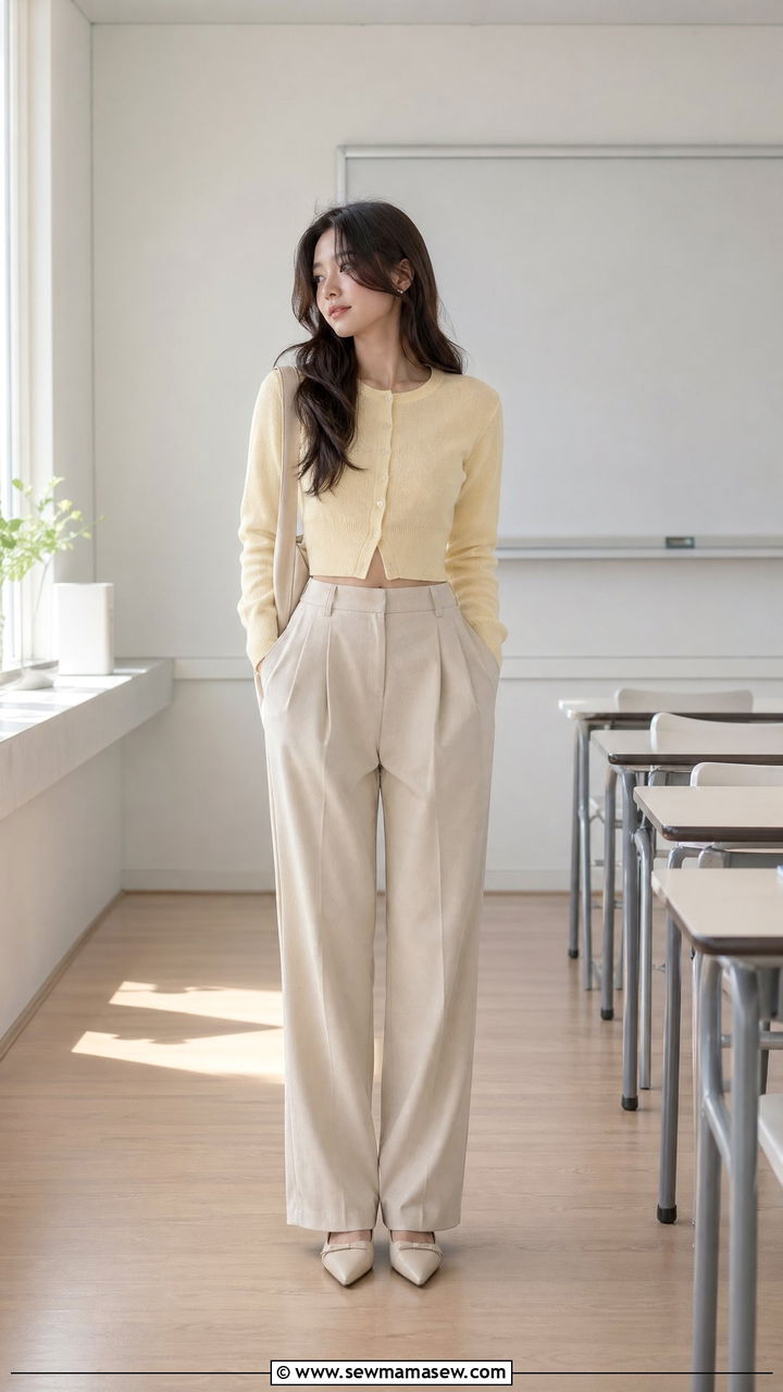 Cropped cardigan with high waist pleated trousers - 35 spring teacher outfit ideas
