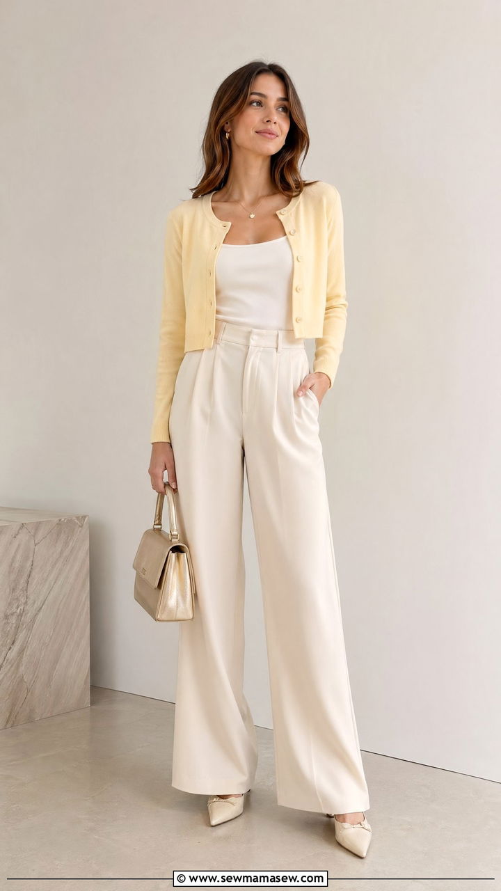 Cropped cardigan with high waist wide leg trousers - 35 spring smart casual outfit ideas