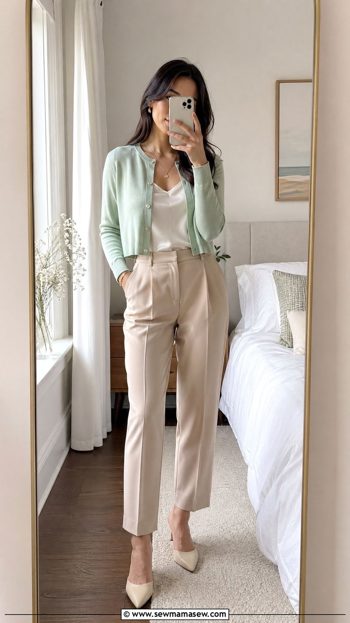 Cropped cardigan with high waisted trousers outfit - 35 spring work from home outfit ideas