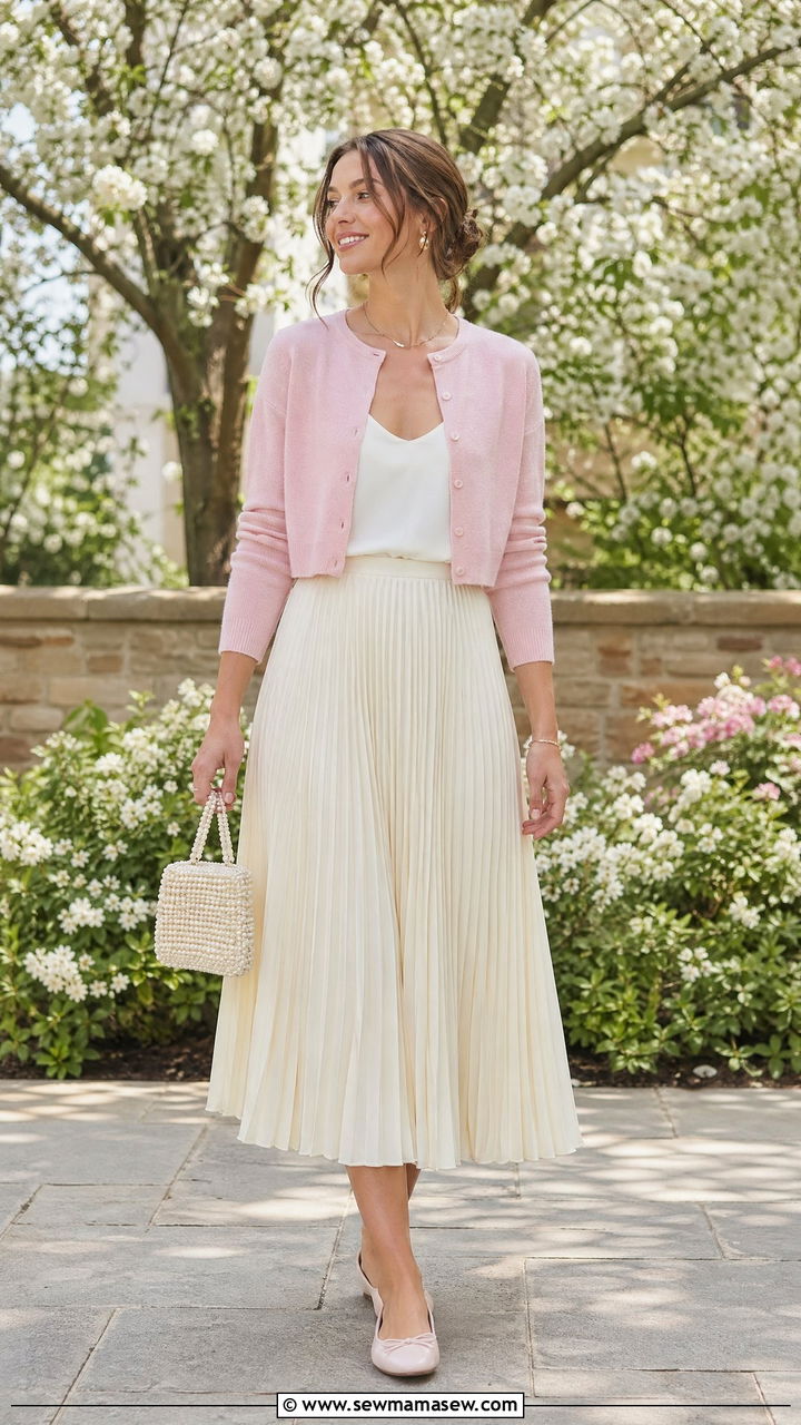 Cropped cardigan with midi pleated skirt - 35 Sweater skirt outfit ideas