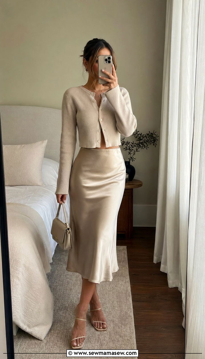 Cropped cardigan with midi slip skirt outfit petite - 35 Outfit ideas for petite women