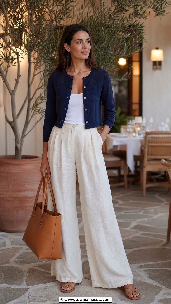 Cropped cardigan with wide leg linen trousers - 35 Summer outfits with cardigans