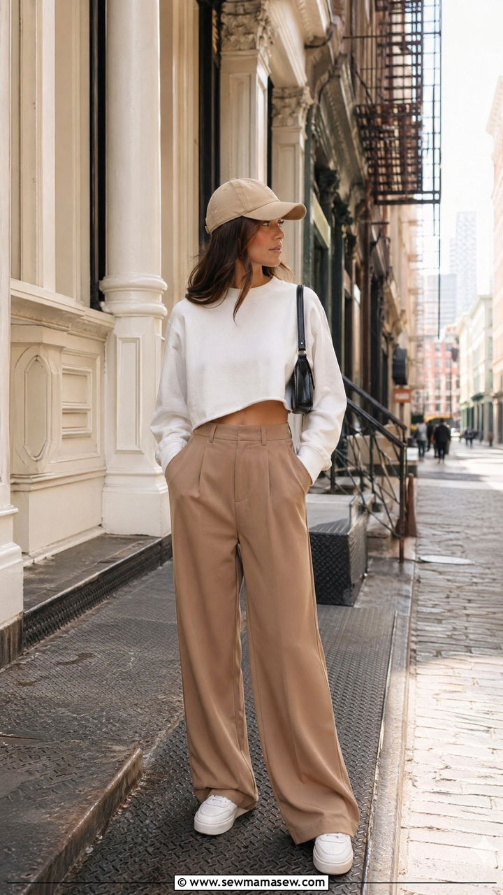 Cropped crewneck and high waisted trousers spring outfit - 35 spring clean girl outfits