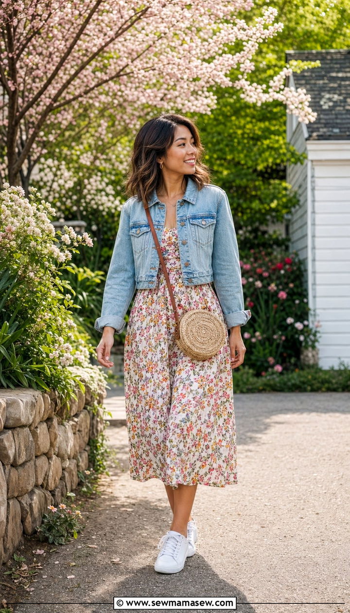 Cropped denim jacket with floral midi dress outfit petite - 35 Outfit ideas for petite women