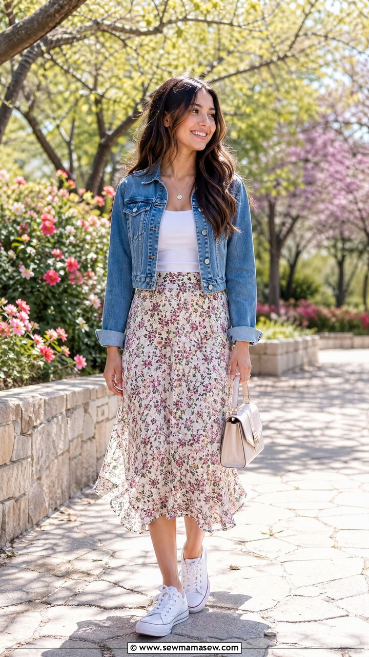 Cropped denim jacket with floral midi skirt and canvas sneakers - 35 Spring outfits for teenage girls
