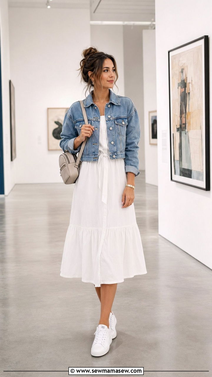 Cropped denim jacket with midi dress museum outfit - 35 museum outfit ideas