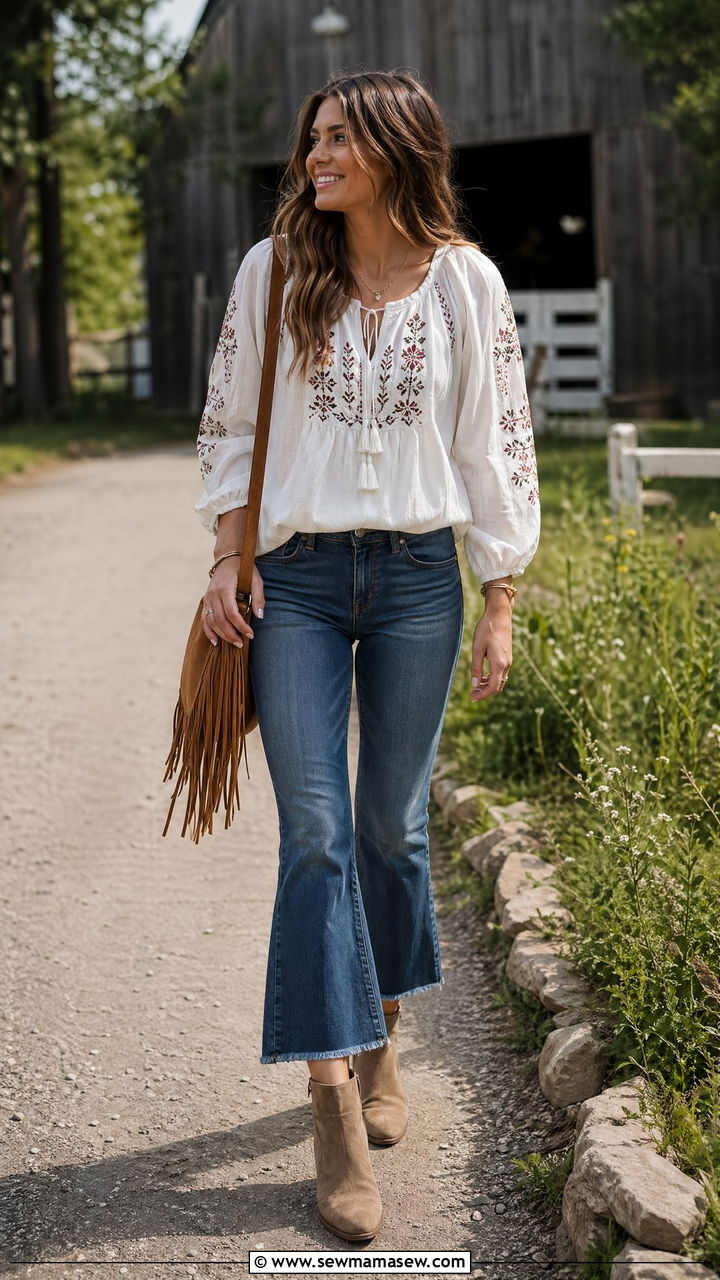 Cropped flare jeans with peasant top and ankle boots - 35 spring outfits for new moms