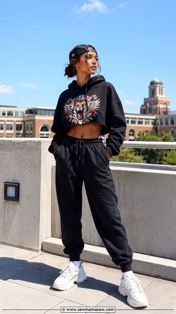 Cropped graphic hoodie and high waisted joggers outfit - 35 College campus outfit ideas