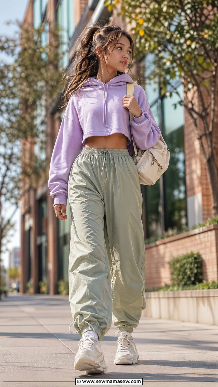 Cropped hoodie with high waist parachute pants and dad sneakers - 35 Spring outfits for teenage girls