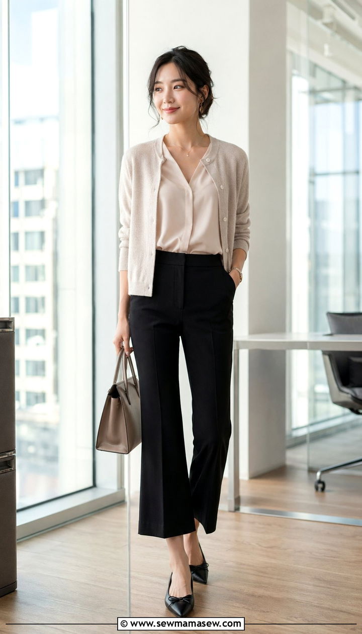 Cropped kick flare pants with pointed toe flats - 30 work outfits for short women
