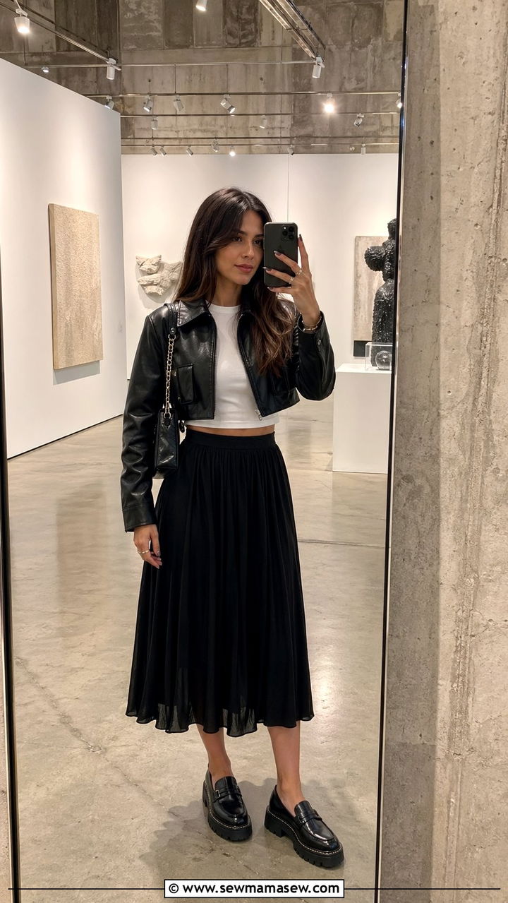 Cropped leather jacket and midi skirt - 35 Museum visit outfit ideas