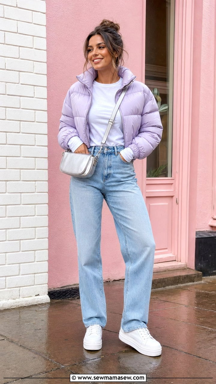 Cropped puffer jacket with high waist jeans - 35 rainy day outfits for women