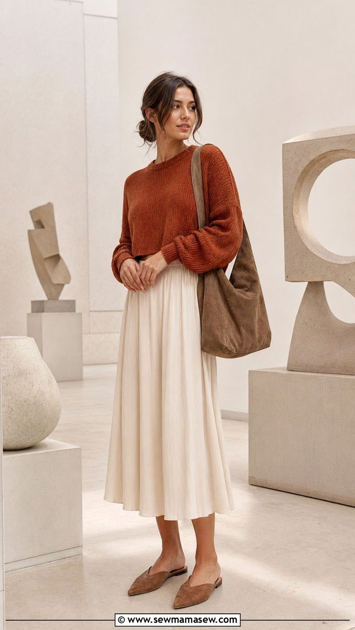 Cropped sweater and flowy midi skirt - 35 Museum visit outfit ideas