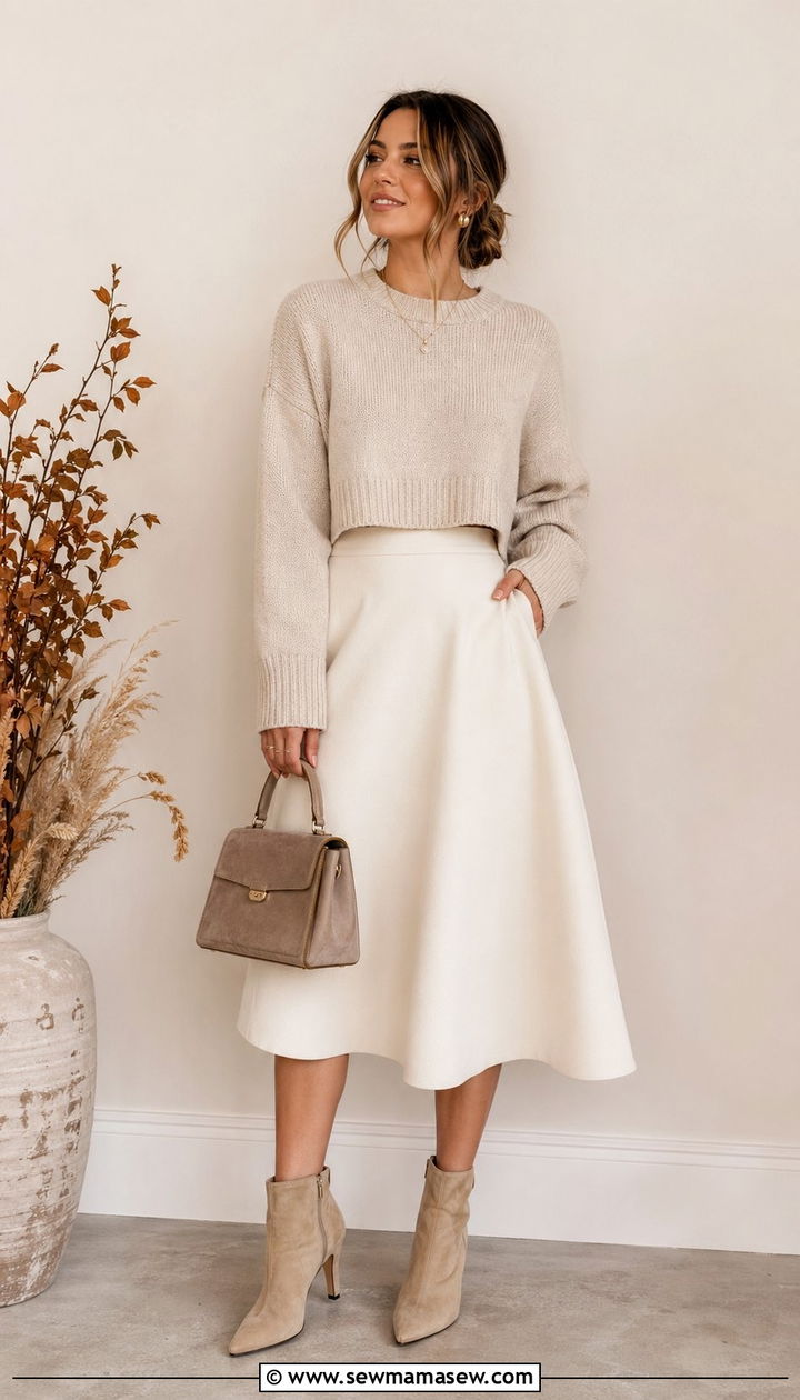 Cropped sweater with A line midi skirt - 30 A line skirt outfit ideas