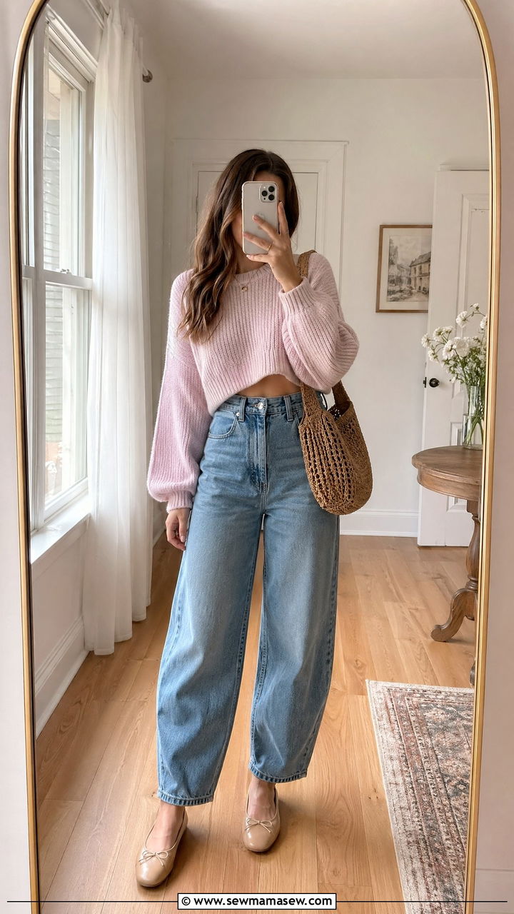 Cropped sweater with high waisted jeans and ballet flats - 35 transitional outfits for women