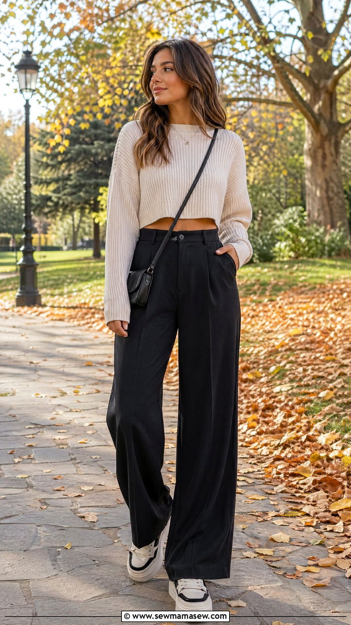 Cropped sweater with high waisted wide leg pants - 35 wide leg pants outfits