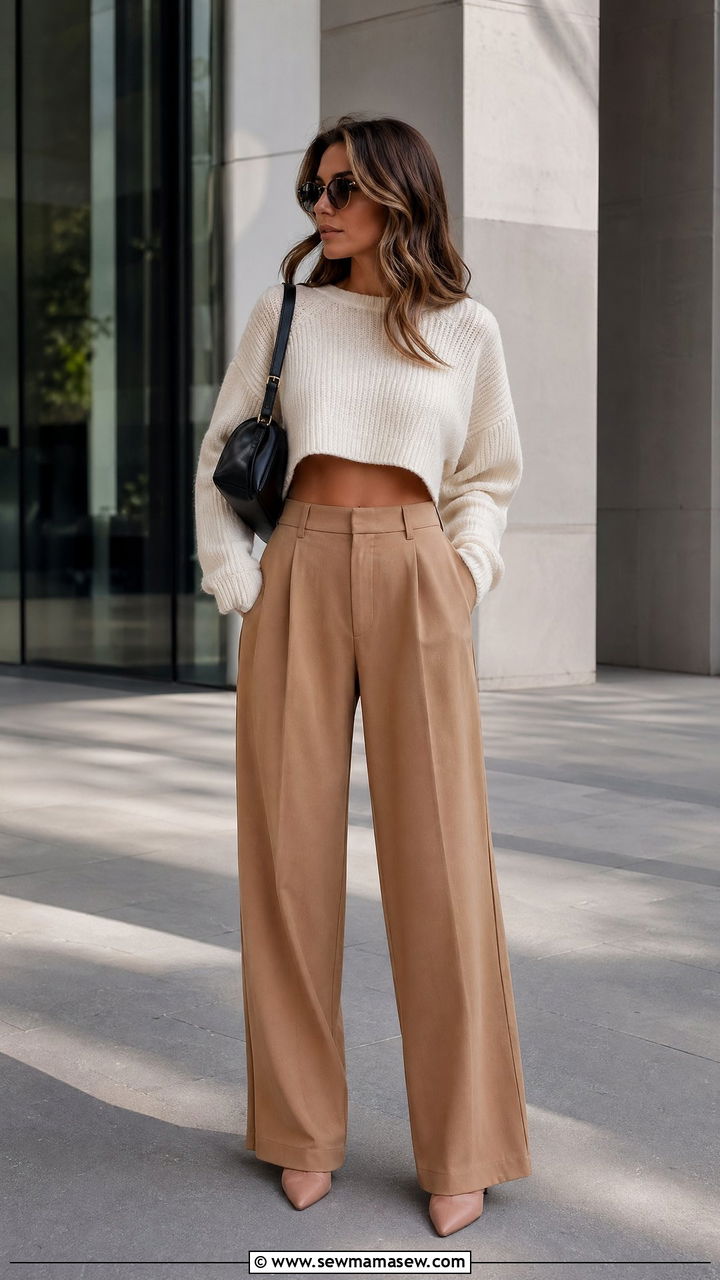 Cropped sweater with high waisted wide leg trousers - 35 Sweater weather outfit ideas