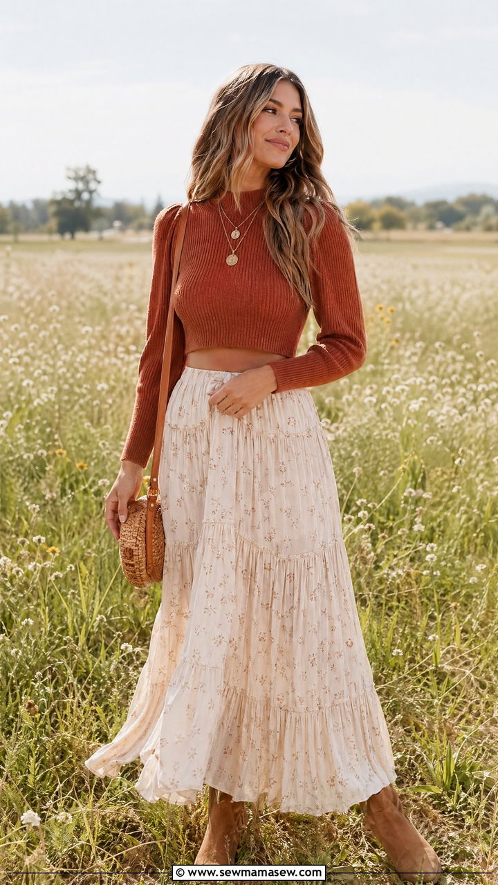 Cropped sweater with maxi skirt and flat ankle boots - 35 Sweater weather outfit ideas