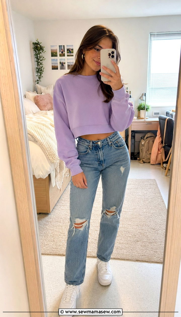 Cropped sweatshirt and distressed straight leg jeans - 30 Back to school outfit ideas for college 2026