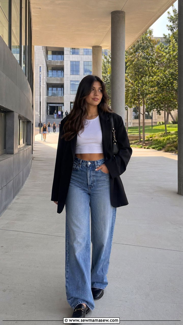 Cropped top with high waisted jeans and blazer outfit - 35 cute school outfits