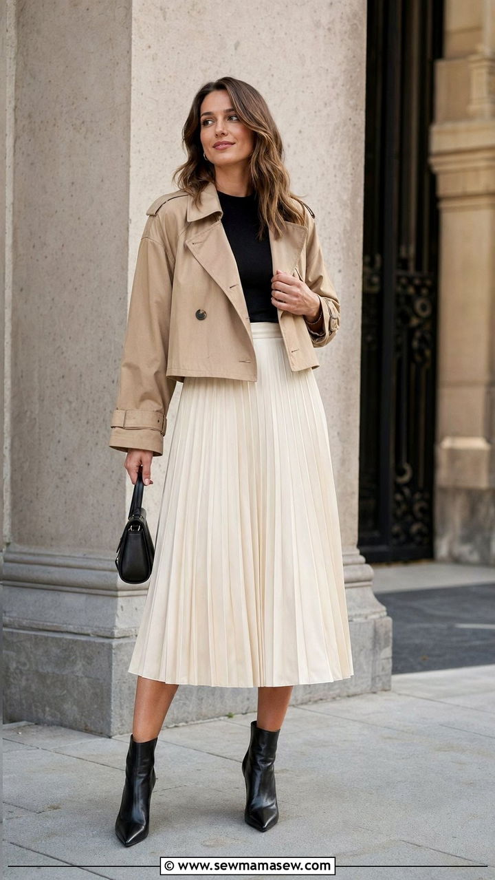 Cropped trench and pleated skirt outfit - 30 Aesthetic spring outfit ideas 2026