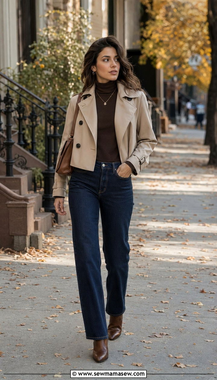 Cropped trench coat with chocolate turtleneck and jeans - 35 quiet luxury outfits ideas