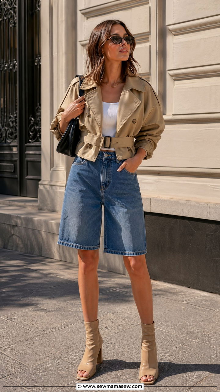 Cropped trench coat with denim bermuda shorts and open toe boots - 35 trench coat outfits ideas