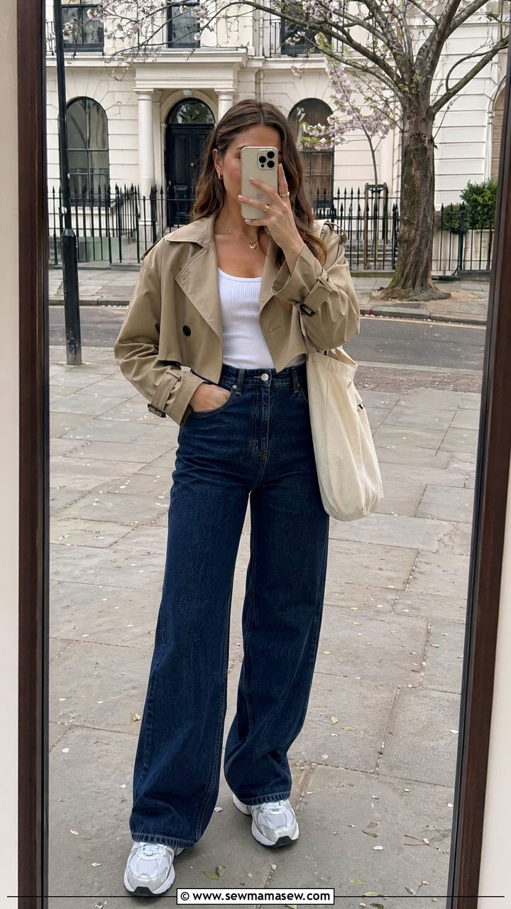 Cropped trench coat with high waisted jeans and white sneakers - 35 trench coat outfits ideas