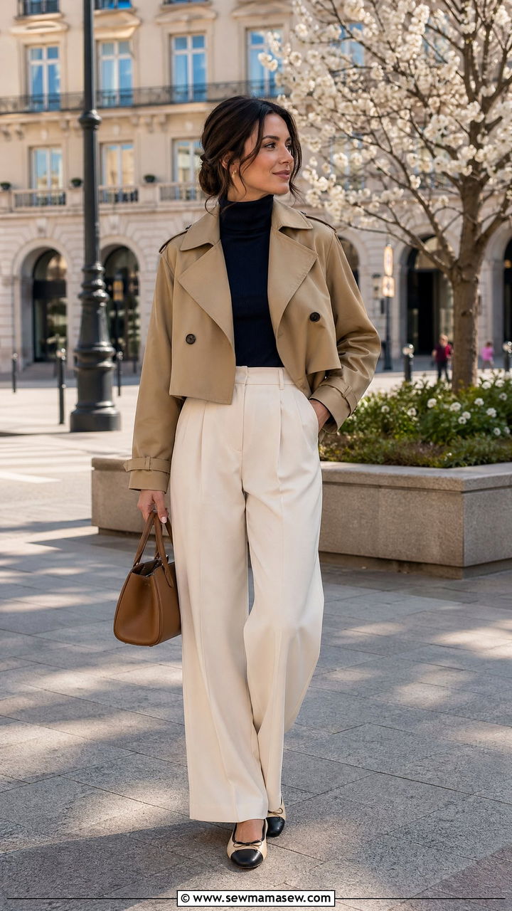 Cropped trench coat with high waisted trousers and ballet flats - 35 Transitional wardrobe ideas