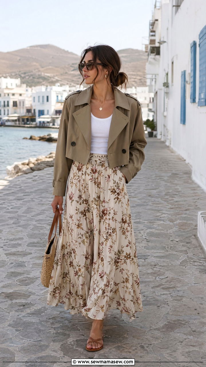 Cropped trench coat with maxi skirt and sandals - 35 trench coat outfits ideas