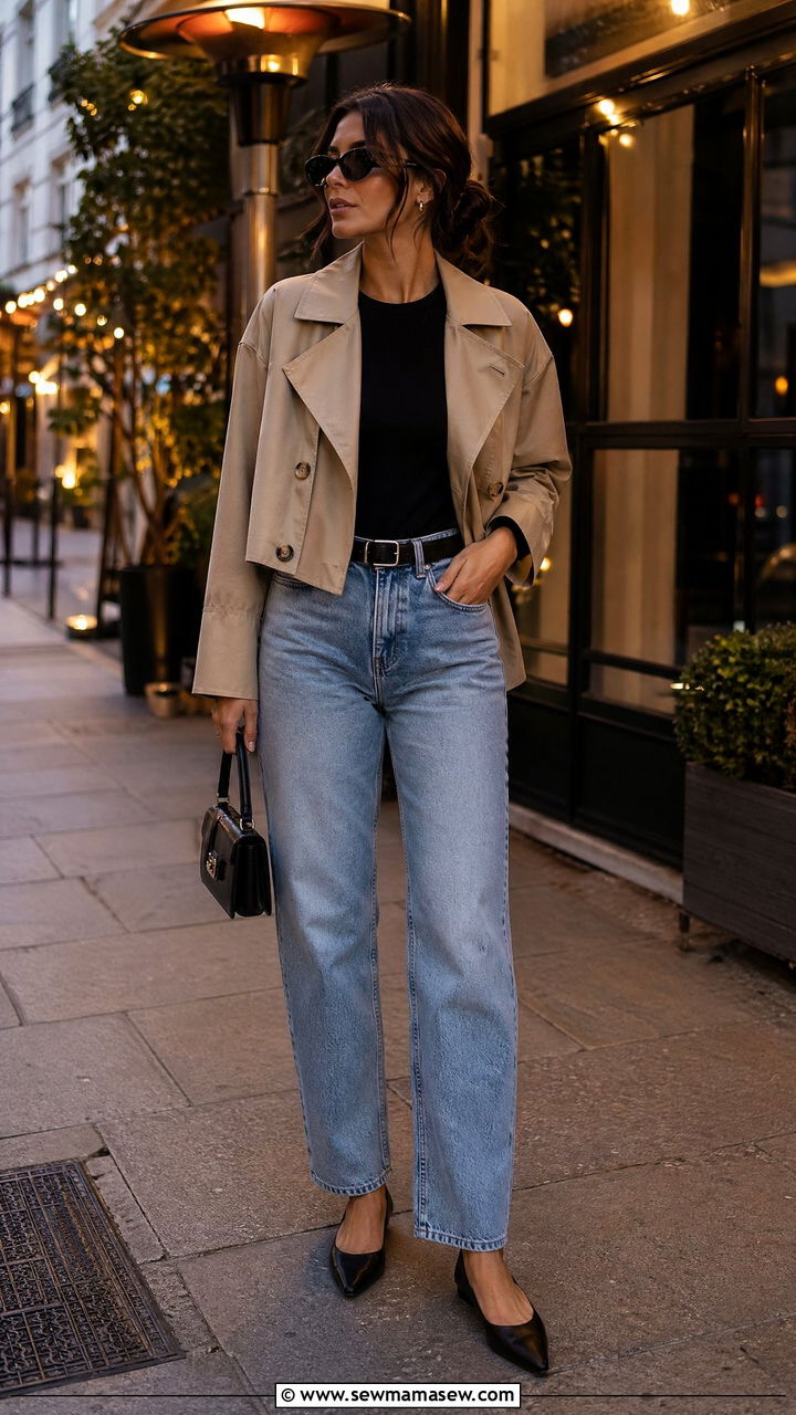 Cropped trench coat with relaxed denim - 35 spring smart casual outfit ideas