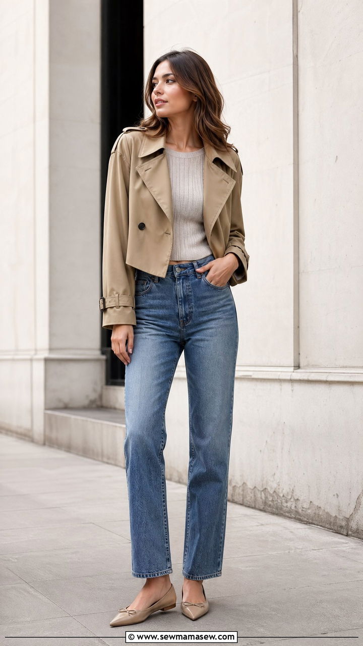 Cropped trench coat with straight leg jeans - 35 spring effortless chic outfit ideas