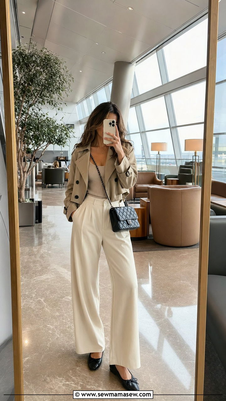 Cropped trench coat with wide leg trousers and ballet flats - 30 Airport outfit ideas with a trench coat