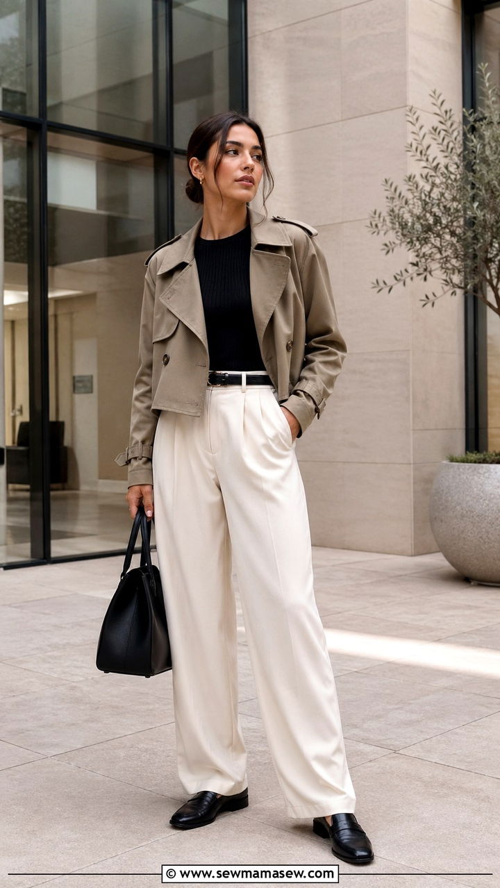 Cropped trench coat with wide leg trousers - 30 Spring layering outfits
