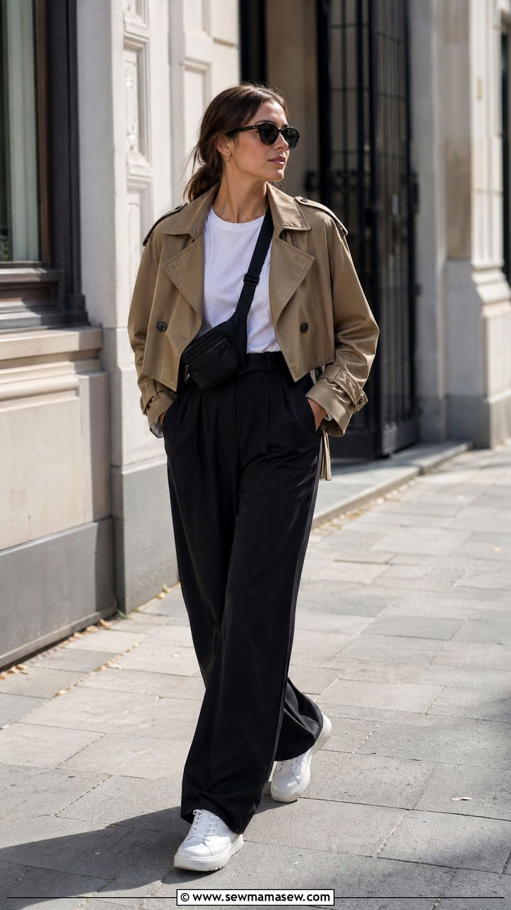 Cropped trench jacket with wide leg trousers and sneakers - 35 spring effortless chic outfit ideas
