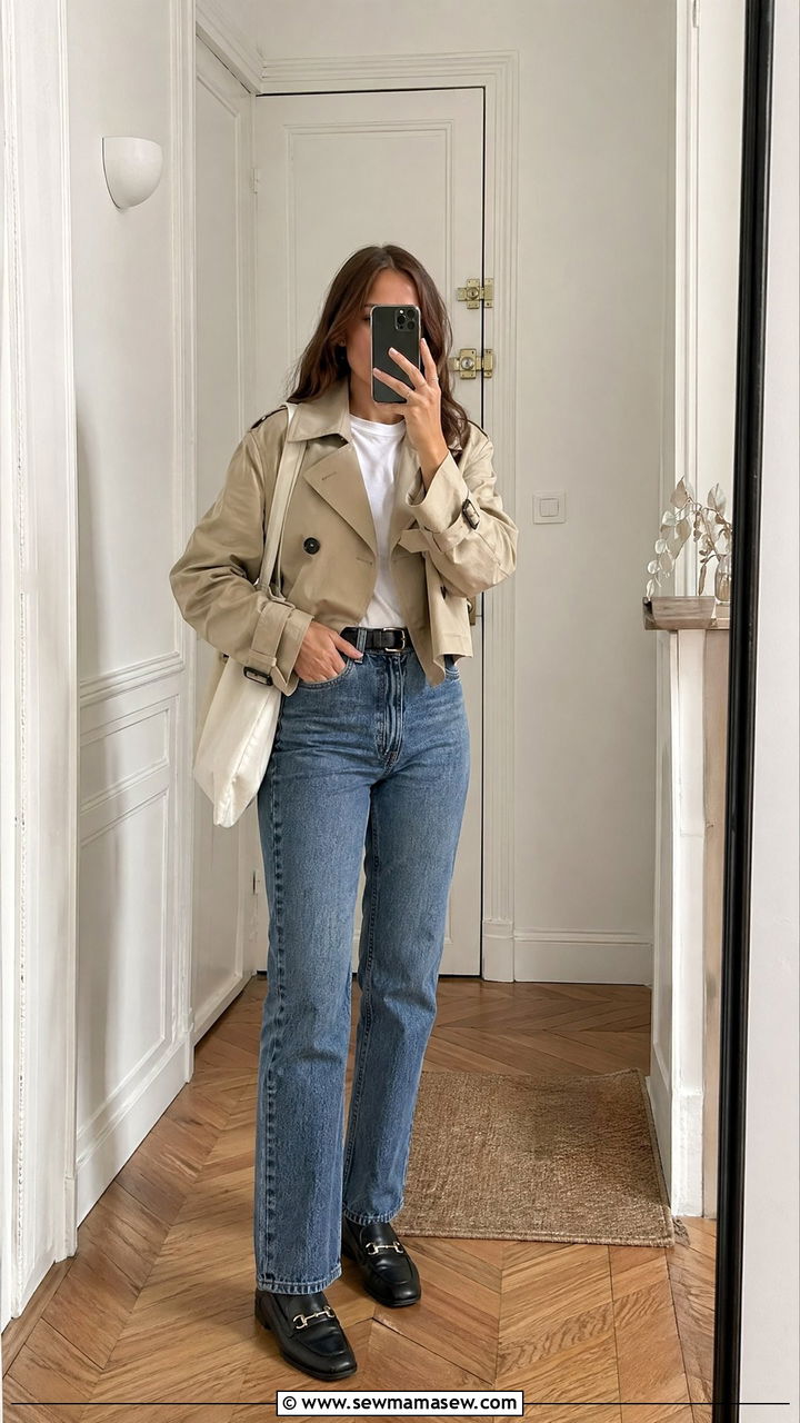 Cropped trench with high waisted 90s jeans and loafers - 35 transitional french girl outfit ideas