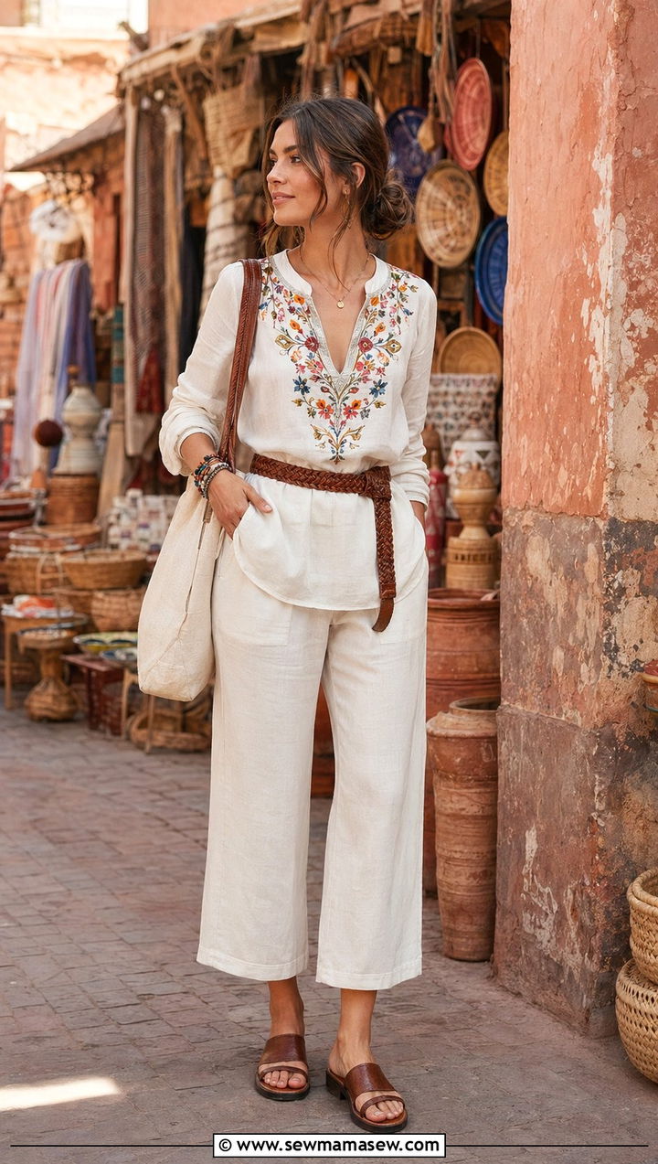 Cropped trousers with embroidered tunic top - 35 Morocco vacation outfit ideas