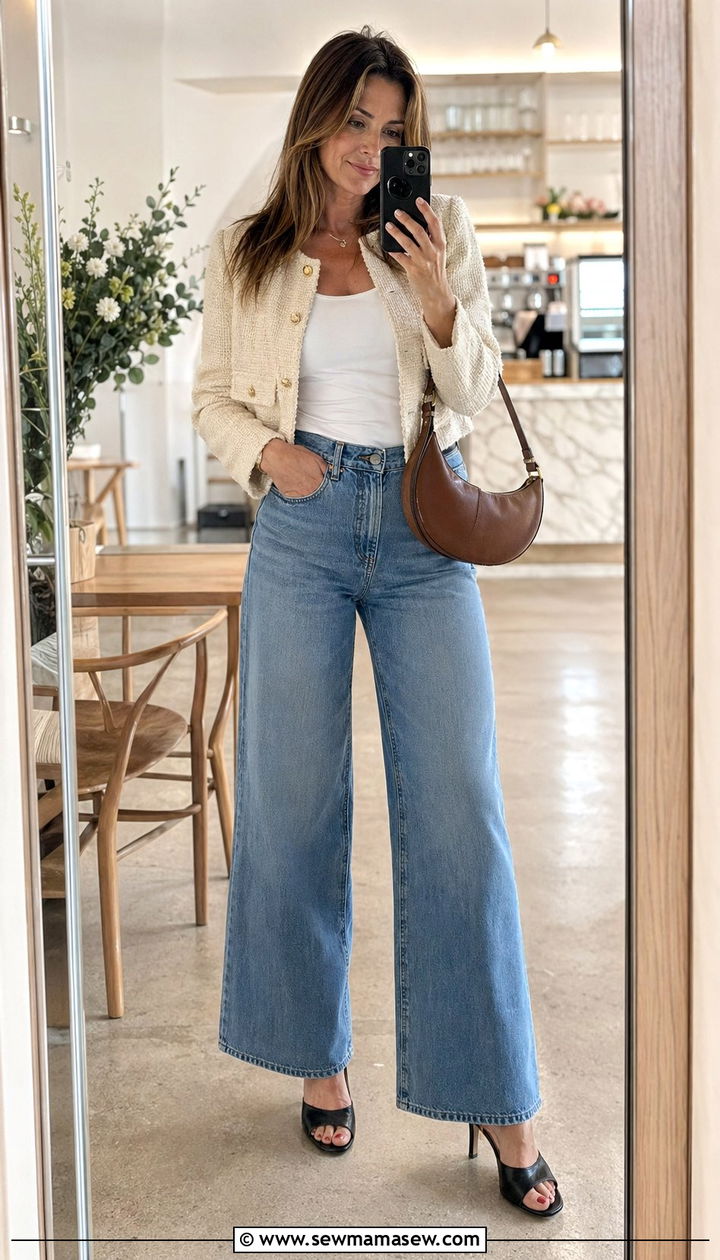 Cropped tweed jacket and high waisted wide leg jeans outfit - 35 girls night out outfits for women over 40