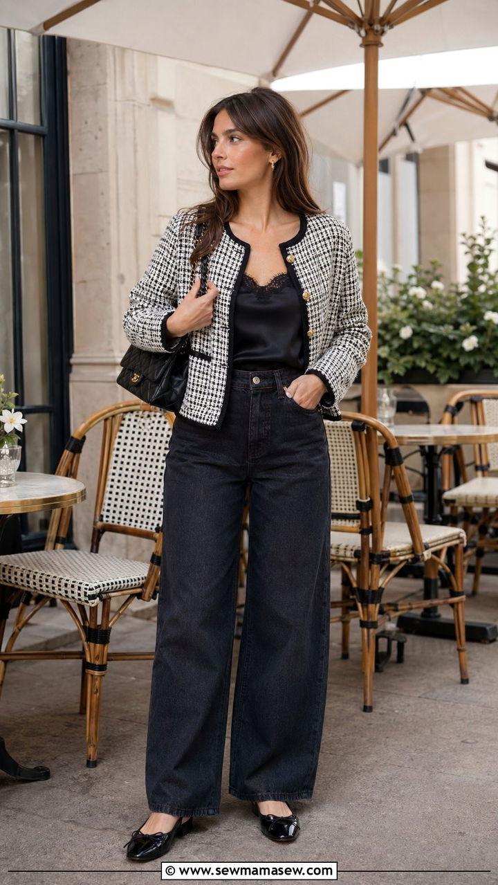 Cropped tweed jacket with baggy jeans - 30 Baggy jeans outfit ideas with a blazer