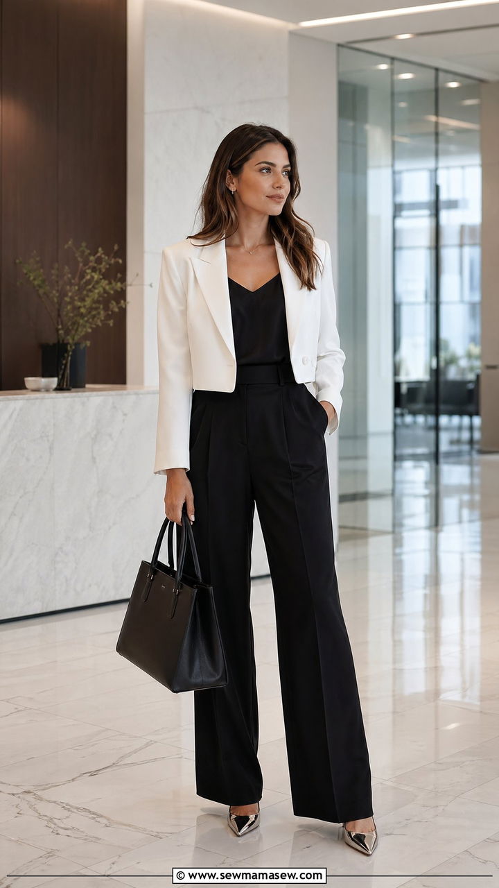 Cropped white blazer and black trousers outfit - 35 Summer office outfit ideas