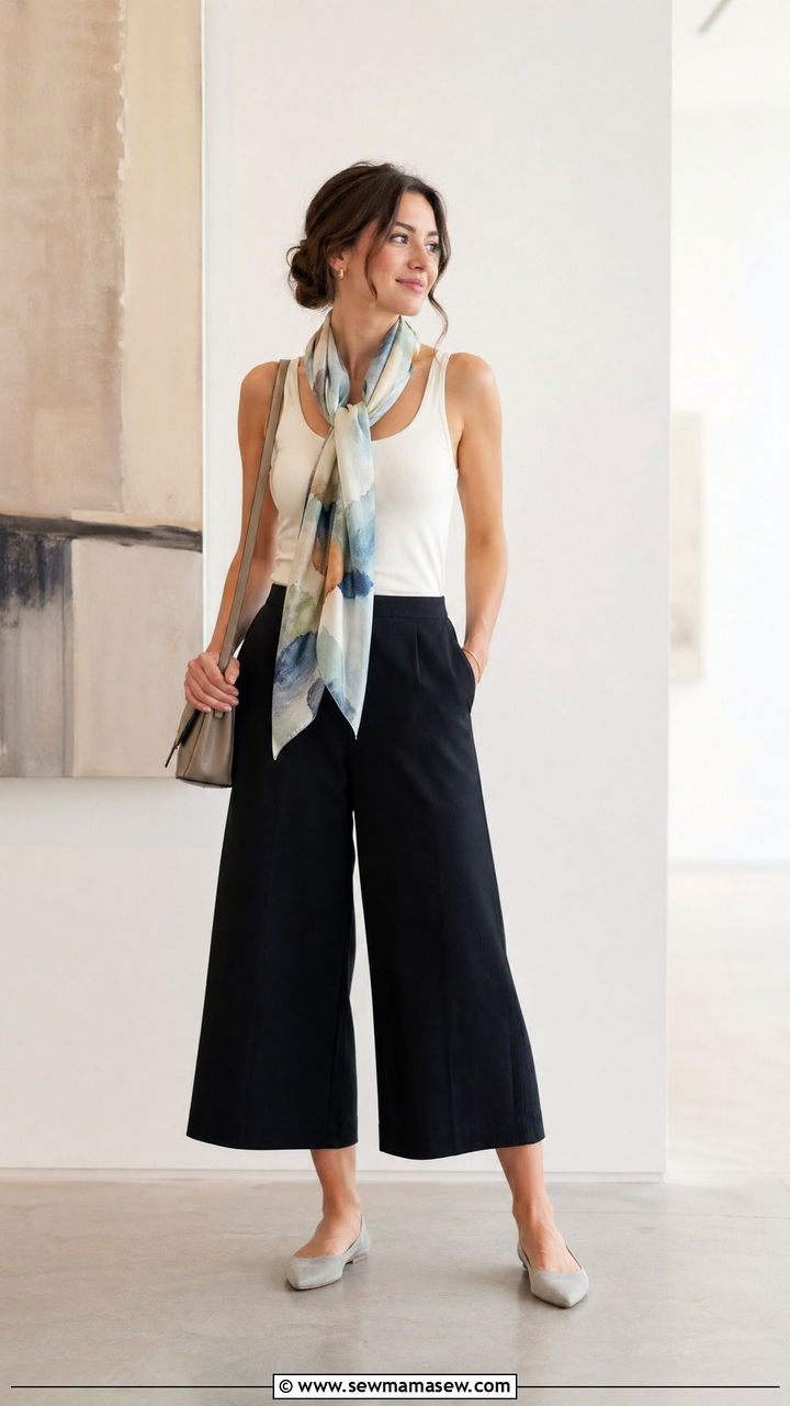 Cropped wide leg pants with fitted tank and scarf - 35 spring outfits for new moms