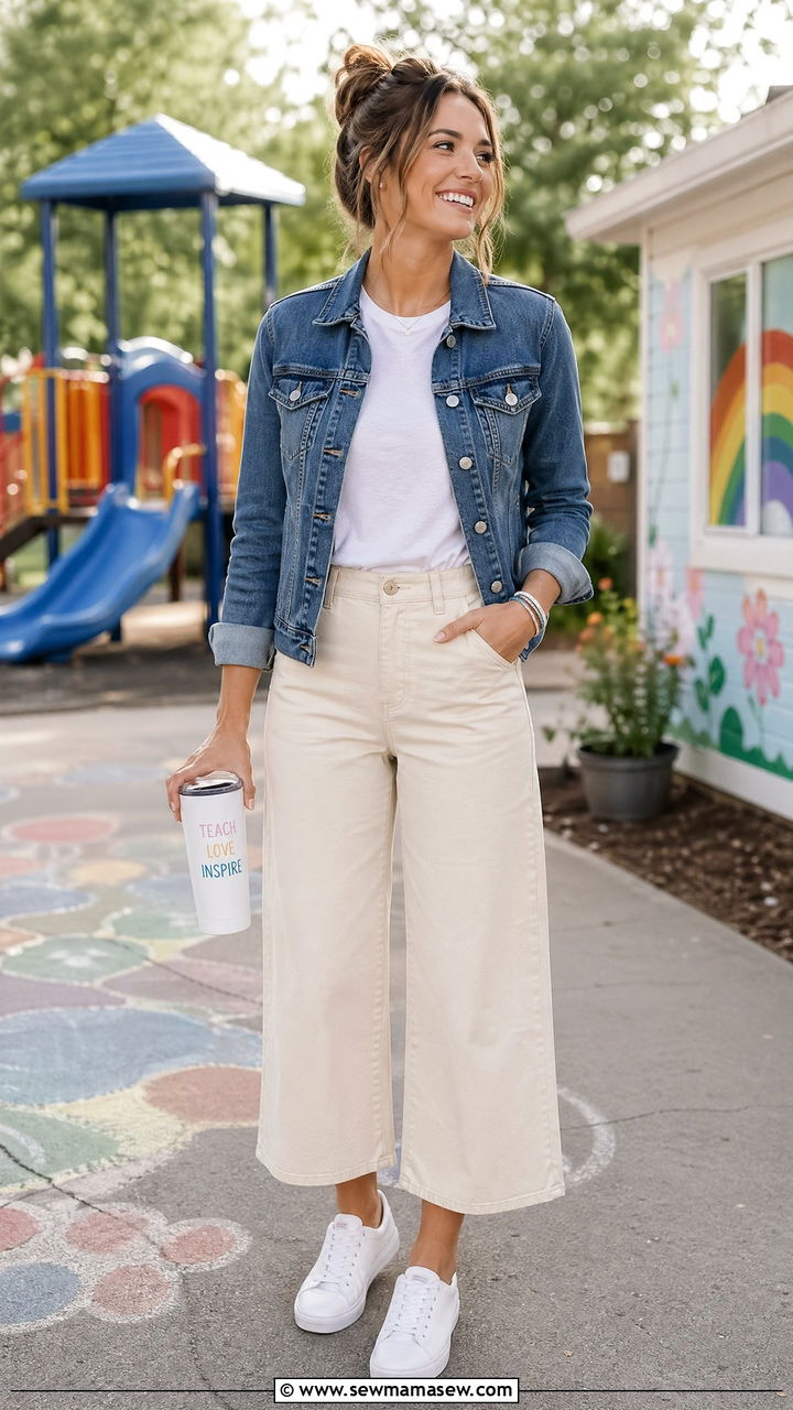 Cropped wide leg pants with tucked tee and denim jacket - 35 Teacher outfit ideas for school