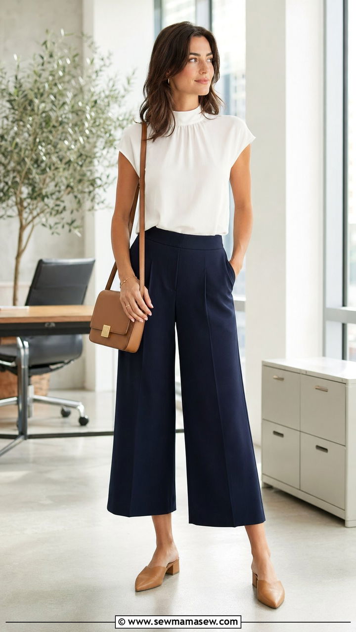Cropped wide leg trousers with short sleeve blouse and mules - 35 Modest outfit ideas for office